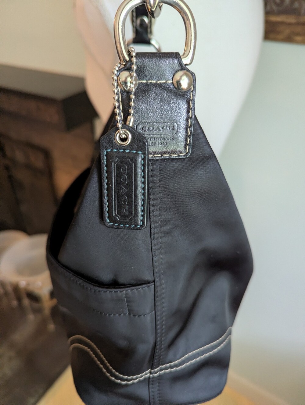 Vintage Y2K Coach Hampton Weekender Black Sateen Hobo Shoulder Bag Leather Strap - Picture 6 of 15